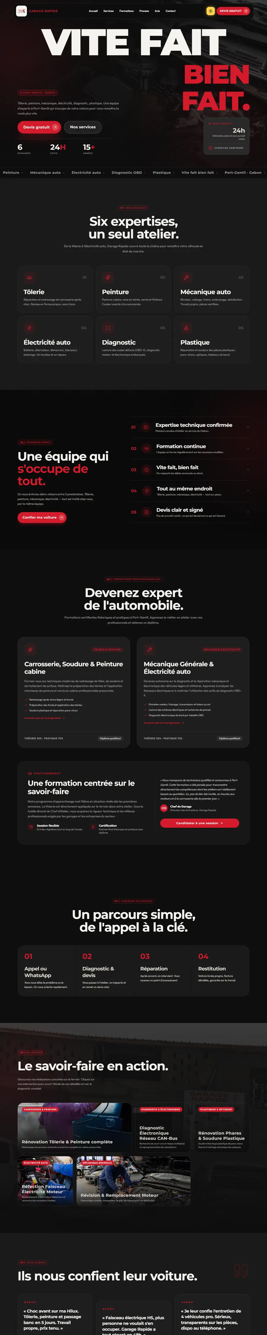 Le site Garage Rapide, page d'accueil