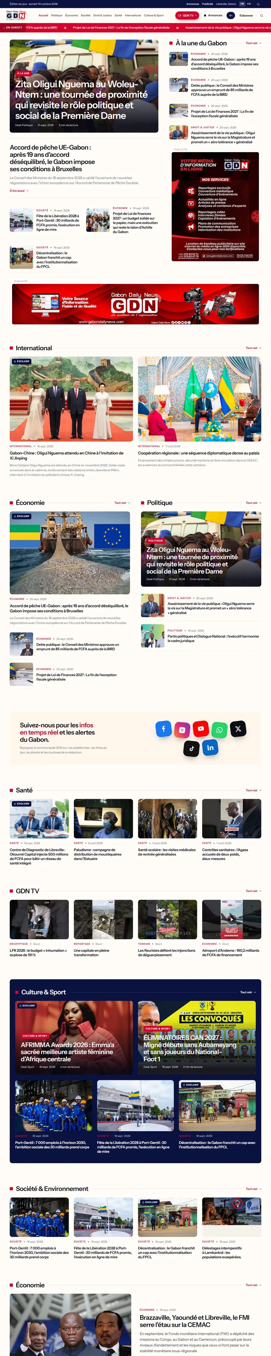 Le site Gabon Daily News, page d'accueil