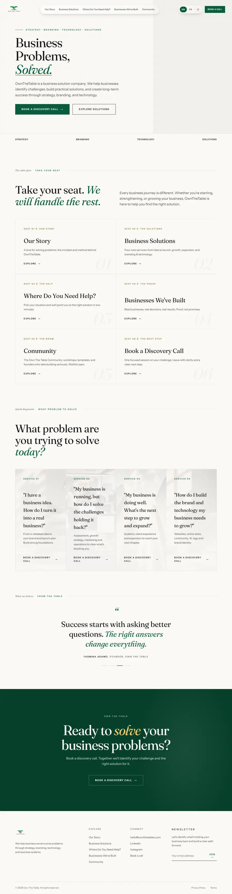 Le site Own The Table, page d'accueil